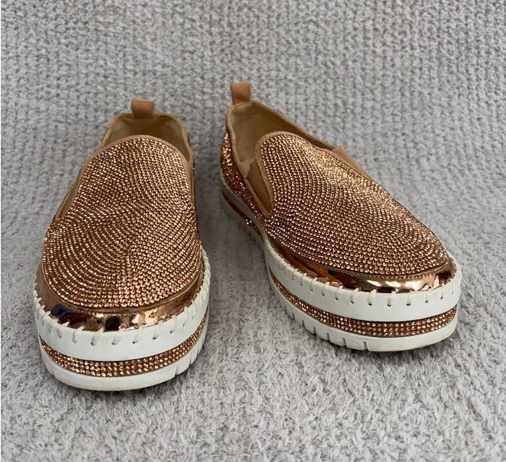 Azalea Wang Women's Rose Gold Tone Rhinestone Loafers Size 10 #80834